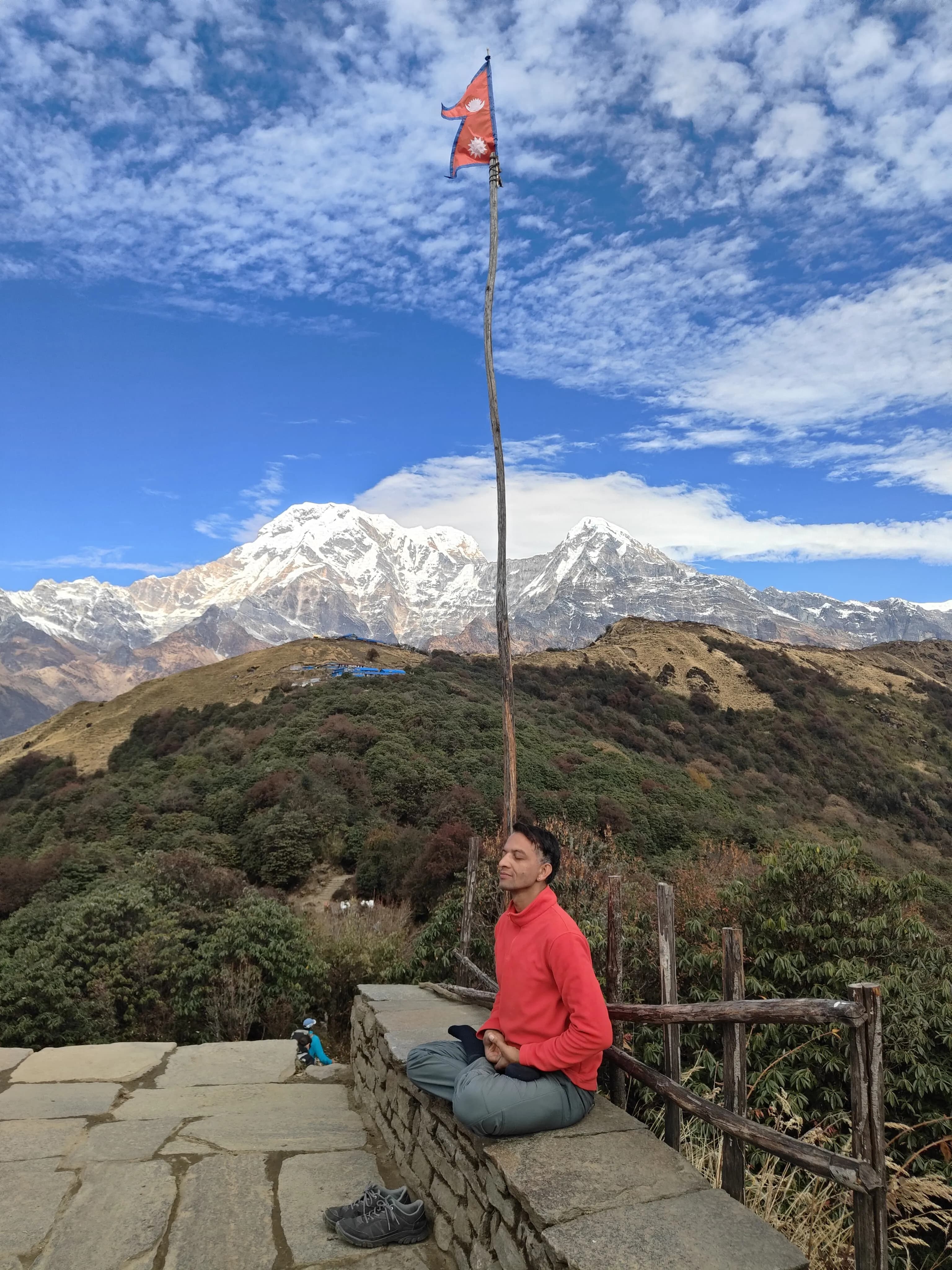 Morning practice at Bodhidham with the Annapurna range behind
